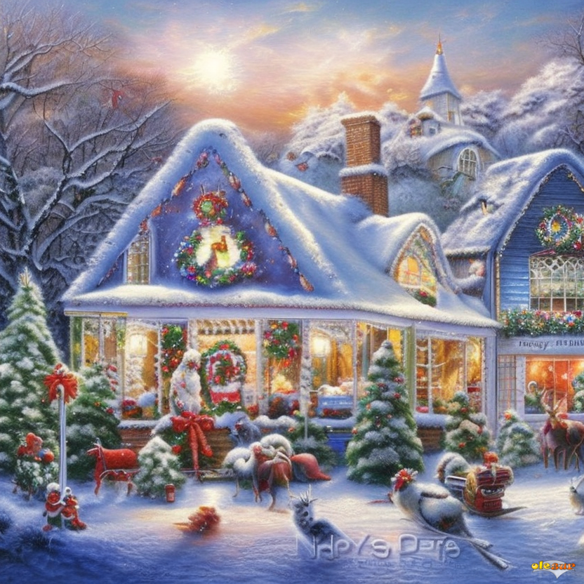Christmas-Eve -  a_painting_of_a_christmas_house_with_a_lot_of_presents_on_it's_porch_and_trees_in_the_snow_by_Edward_Lamson_Henry