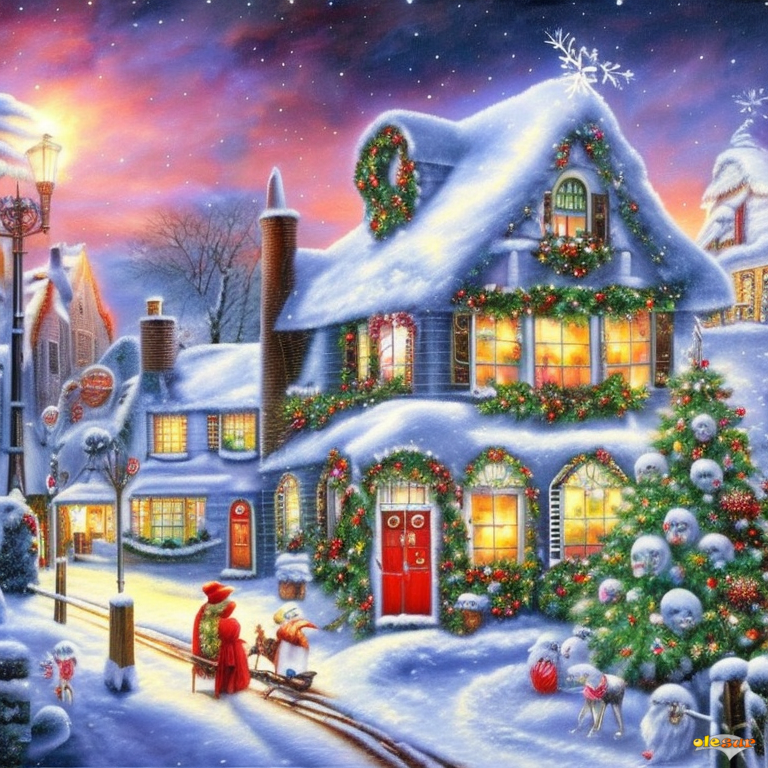 Christmas-Eve -  a_painting_of_a_christmas_scene_with_a_house_and_a_santa_clause_on_the_roof_and_a_train_on_the_tracks_by_Edward_Lamson_Henry